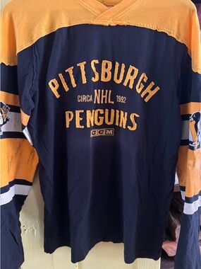 CCM Pittsburgh Penguins Navy and Gold Long Sleeve Shirt